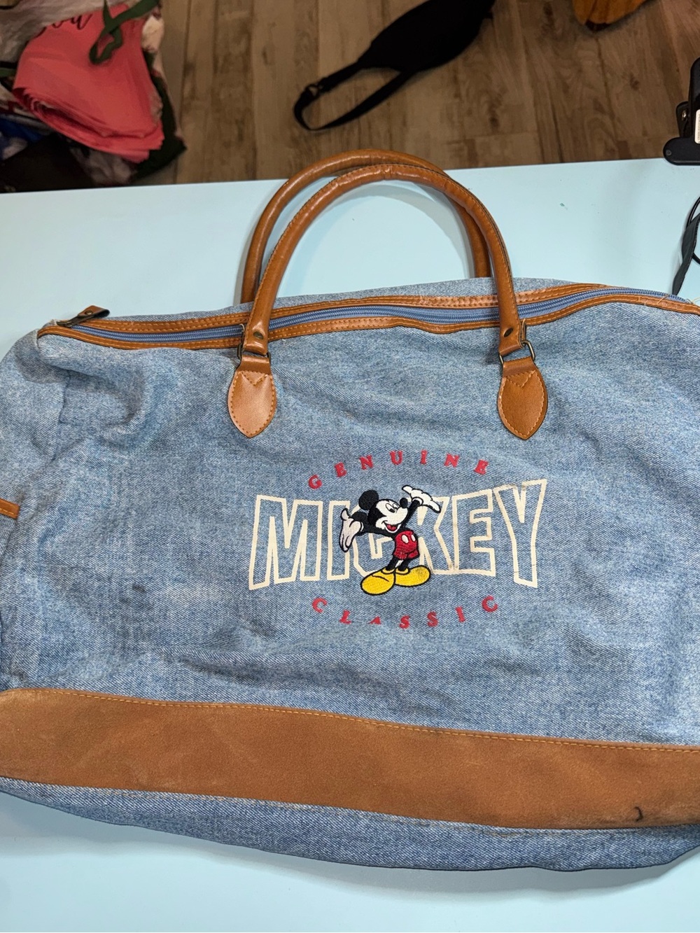 Vintage Mickey Classic Denim Weekender Bag - Blue with Brown Trim